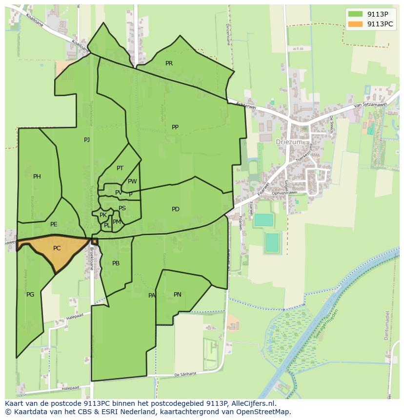 Afbeelding van het postcodegebied 9113 PC op de kaart.
