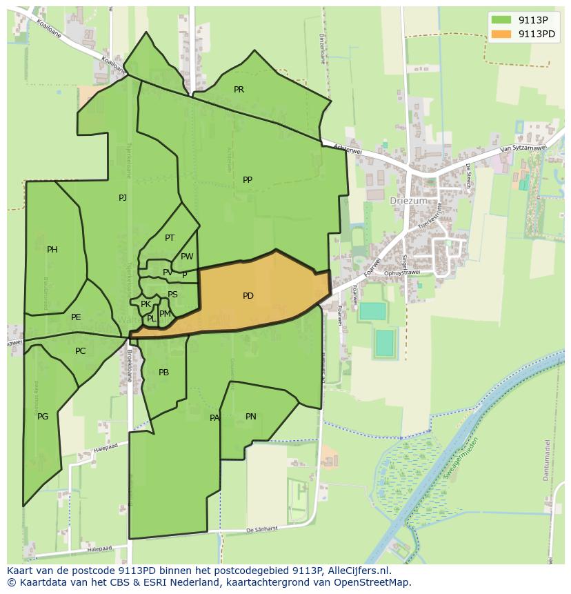 Afbeelding van het postcodegebied 9113 PD op de kaart.
