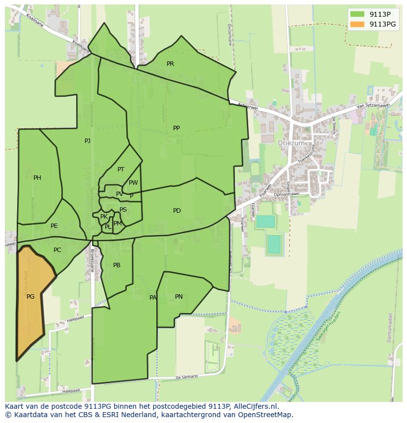 Afbeelding van het postcodegebied 9113 PG op de kaart.