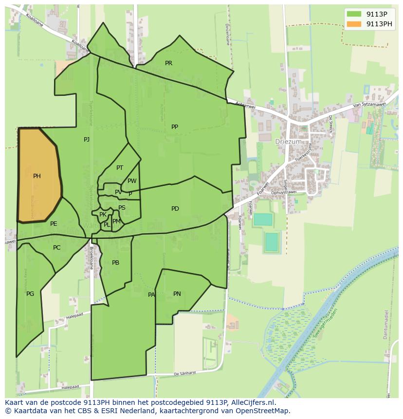 Afbeelding van het postcodegebied 9113 PH op de kaart.