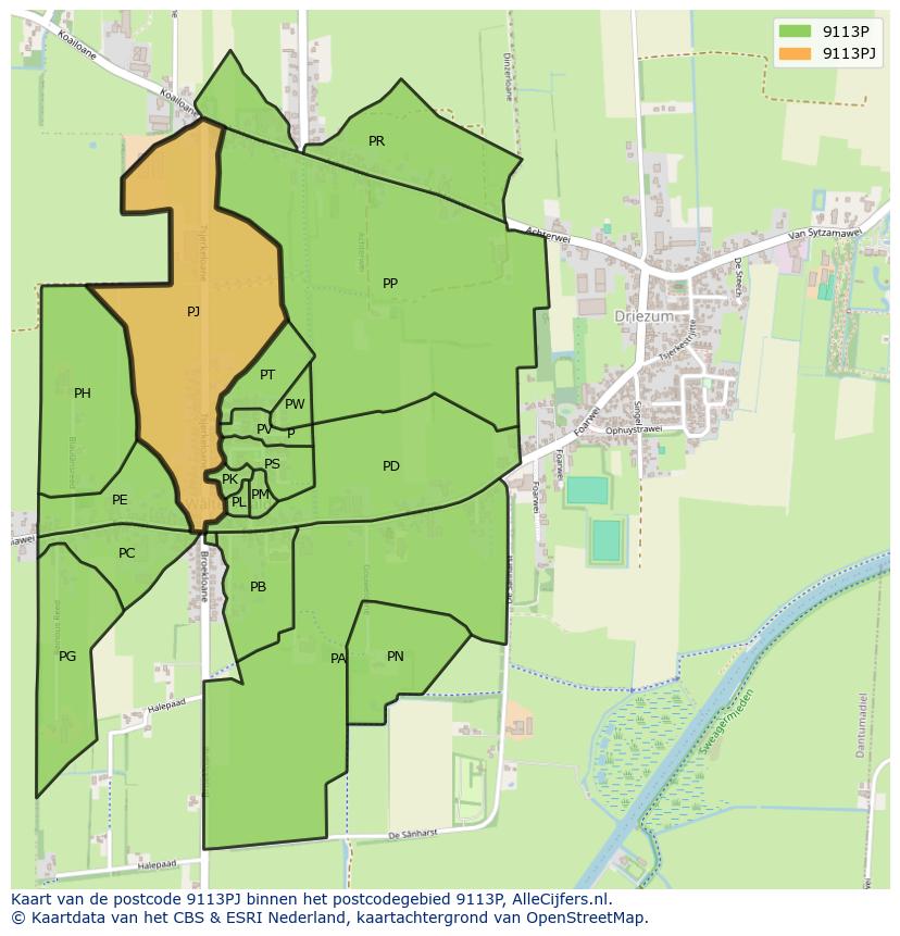 Afbeelding van het postcodegebied 9113 PJ op de kaart.