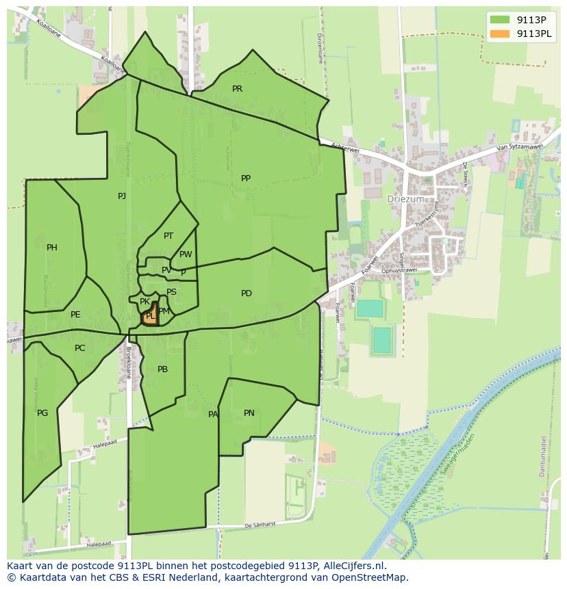 Afbeelding van het postcodegebied 9113 PL op de kaart.