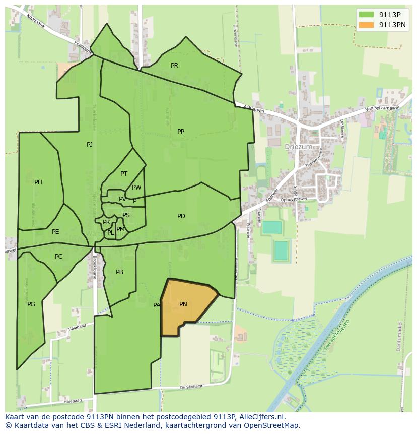 Afbeelding van het postcodegebied 9113 PN op de kaart.