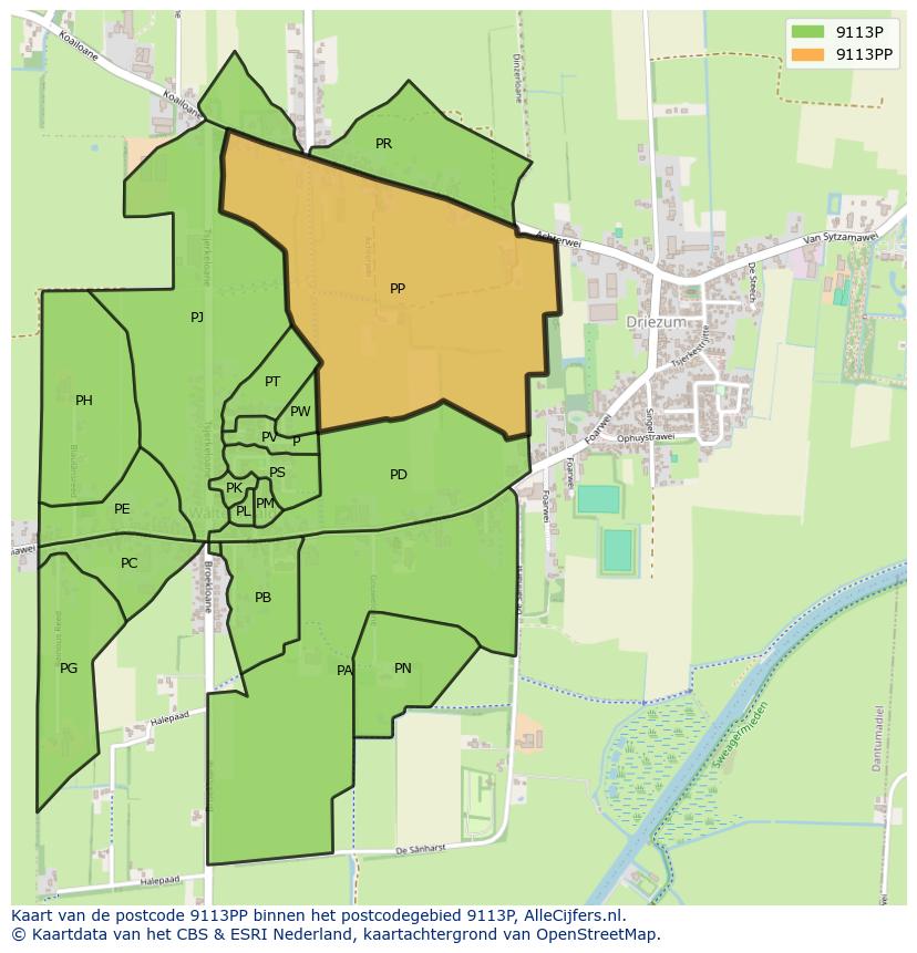 Afbeelding van het postcodegebied 9113 PP op de kaart.