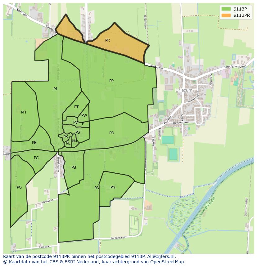 Afbeelding van het postcodegebied 9113 PR op de kaart.