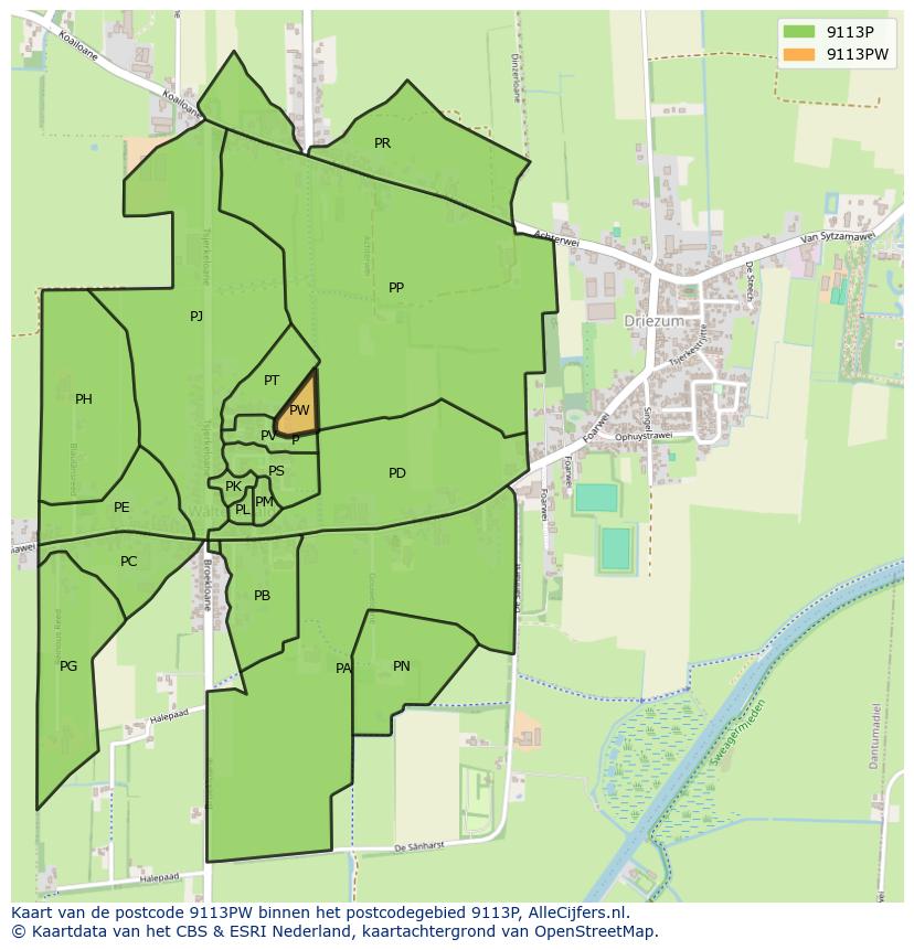 Afbeelding van het postcodegebied 9113 PW op de kaart.