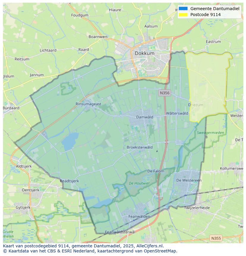 Afbeelding van het postcodegebied 9114 op de kaart.