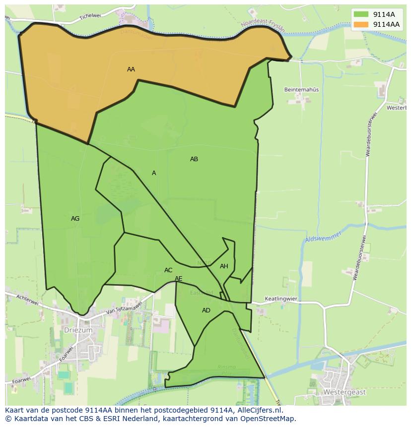 Afbeelding van het postcodegebied 9114 AA op de kaart.