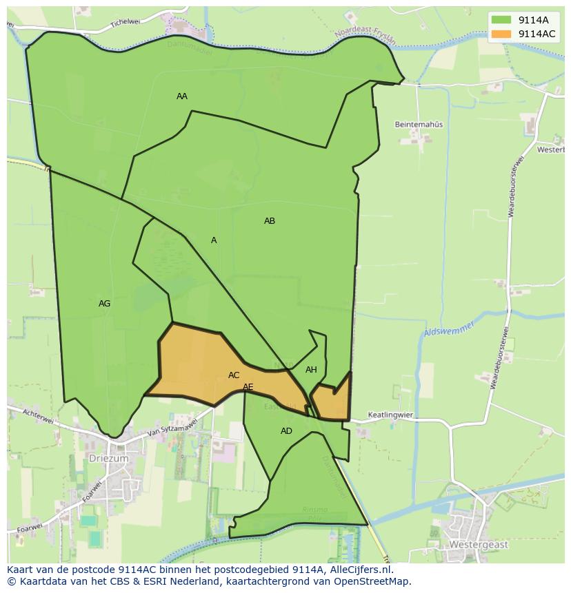Afbeelding van het postcodegebied 9114 AC op de kaart.
