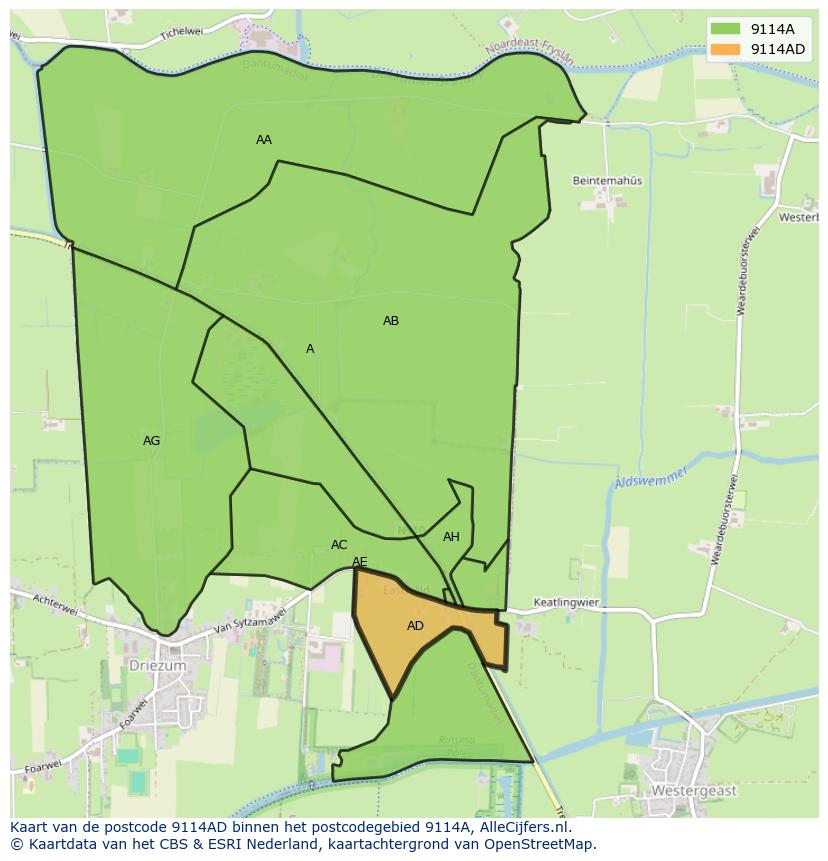 Afbeelding van het postcodegebied 9114 AD op de kaart.