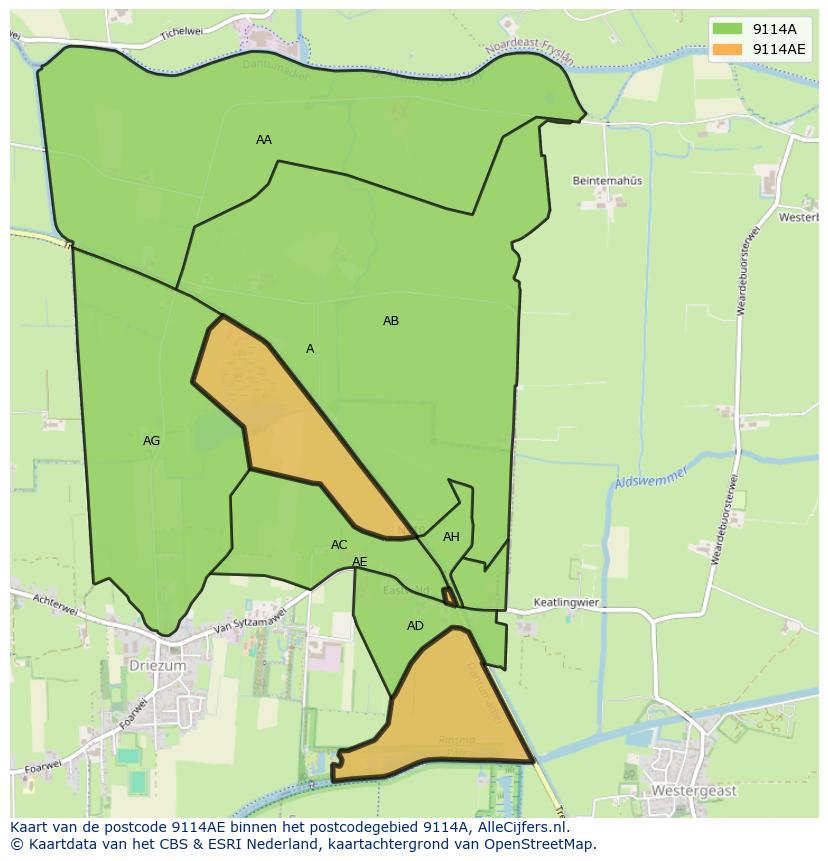 Afbeelding van het postcodegebied 9114 AE op de kaart.