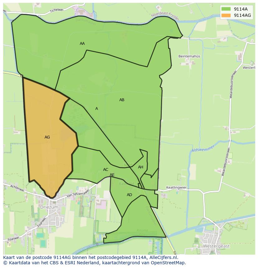 Afbeelding van het postcodegebied 9114 AG op de kaart.