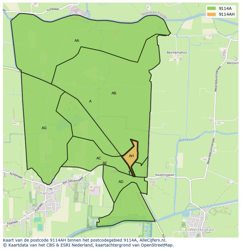 Afbeelding van het postcodegebied 9114 AH op de kaart.