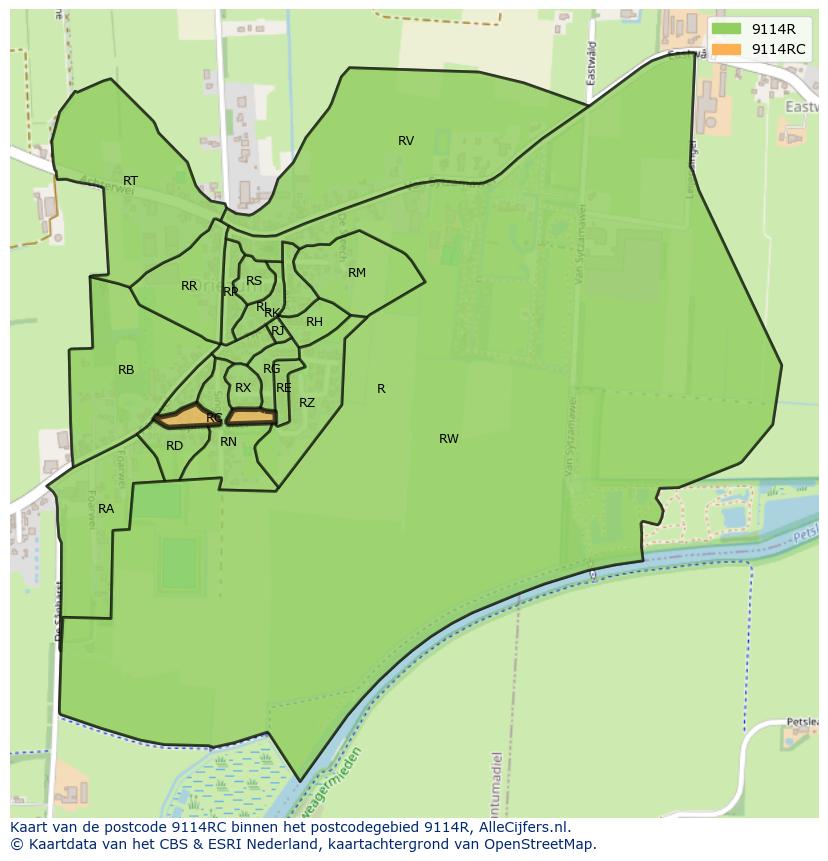 Afbeelding van het postcodegebied 9114 RC op de kaart.