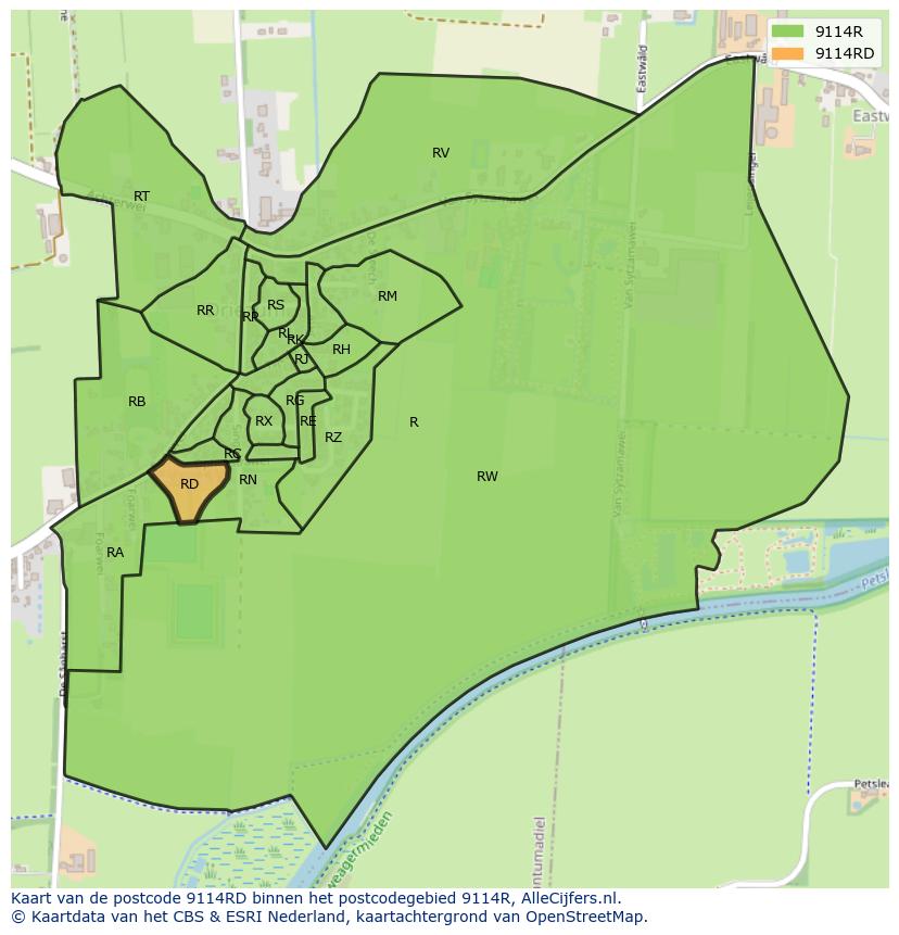 Afbeelding van het postcodegebied 9114 RD op de kaart.