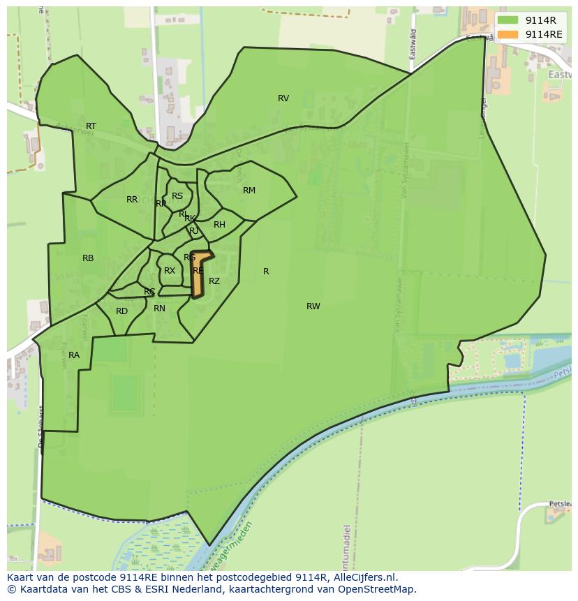 Afbeelding van het postcodegebied 9114 RE op de kaart.