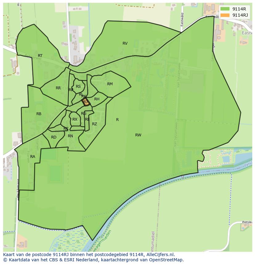 Afbeelding van het postcodegebied 9114 RJ op de kaart.
