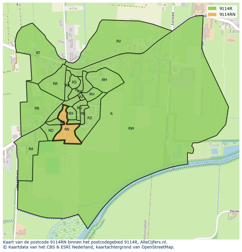 Afbeelding van het postcodegebied 9114 RN op de kaart.