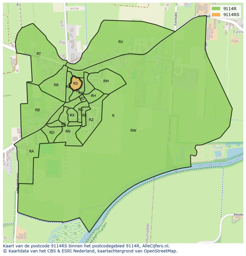 Afbeelding van het postcodegebied 9114 RS op de kaart.