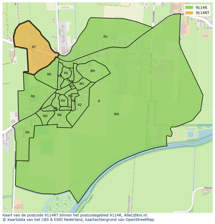 Afbeelding van het postcodegebied 9114 RT op de kaart.