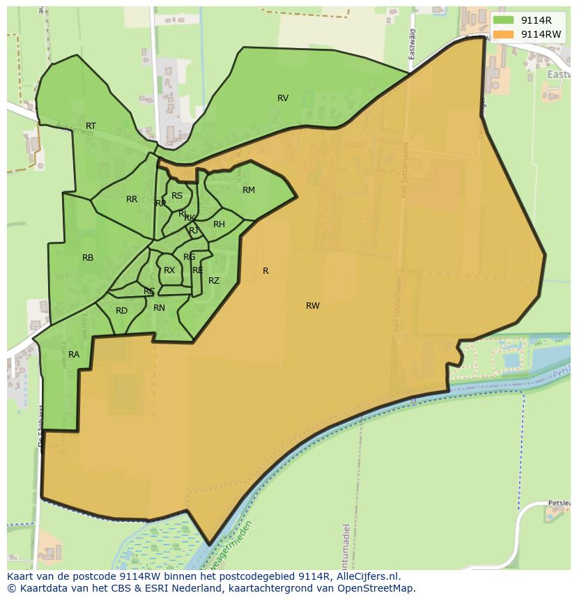 Afbeelding van het postcodegebied 9114 RW op de kaart.