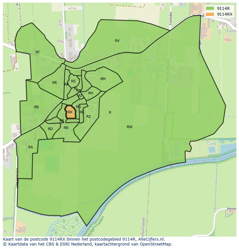 Afbeelding van het postcodegebied 9114 RX op de kaart.