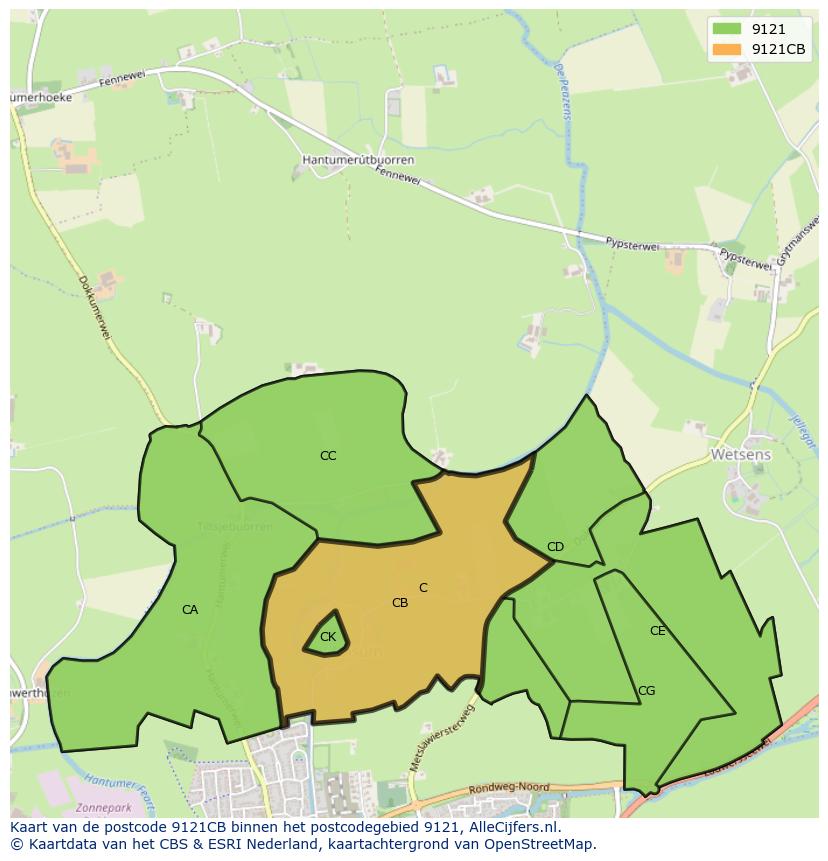 Afbeelding van het postcodegebied 9121 CB op de kaart.