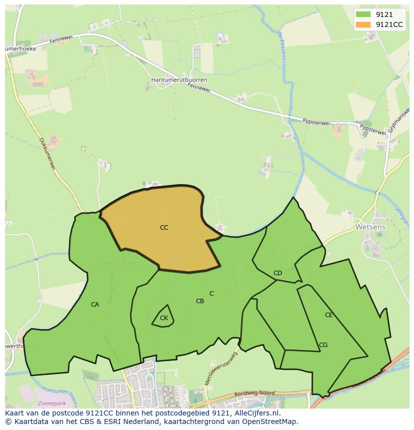 Afbeelding van het postcodegebied 9121 CC op de kaart.