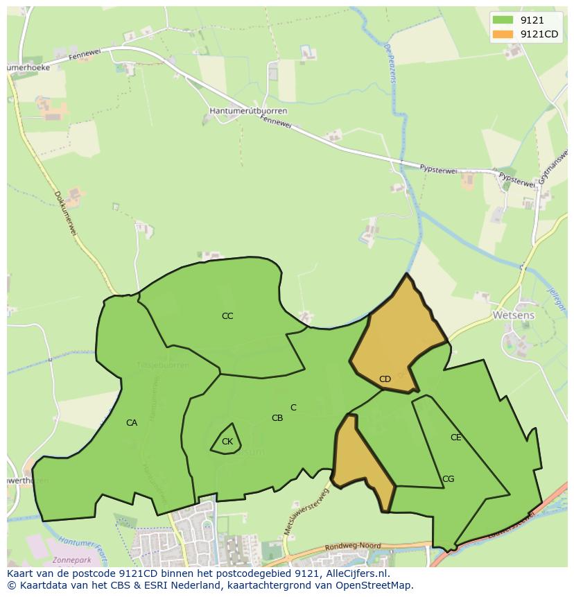 Afbeelding van het postcodegebied 9121 CD op de kaart.
