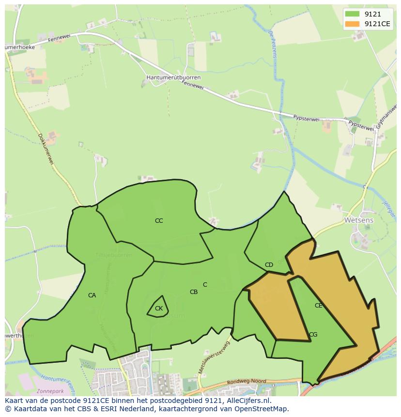 Afbeelding van het postcodegebied 9121 CE op de kaart.
