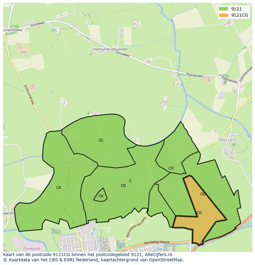 Afbeelding van het postcodegebied 9121 CG op de kaart.