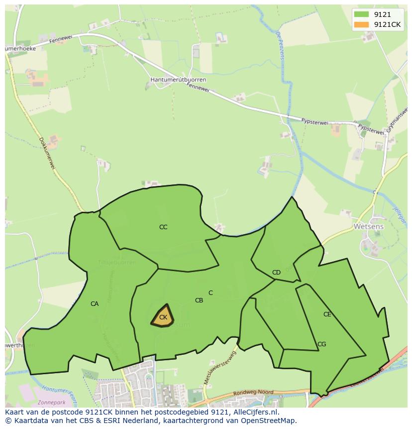 Afbeelding van het postcodegebied 9121 CK op de kaart.