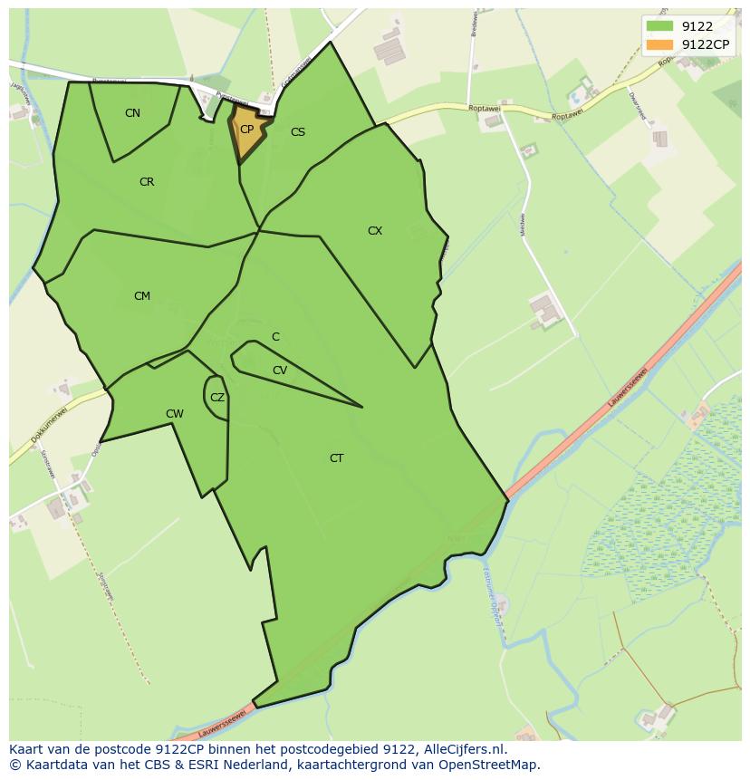 Afbeelding van het postcodegebied 9122 CP op de kaart.