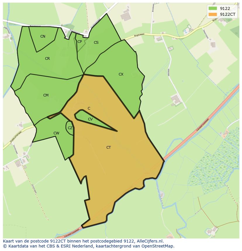 Afbeelding van het postcodegebied 9122 CT op de kaart.
