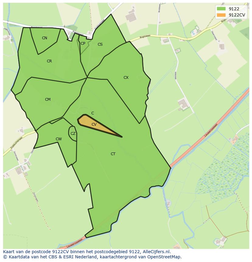 Afbeelding van het postcodegebied 9122 CV op de kaart.