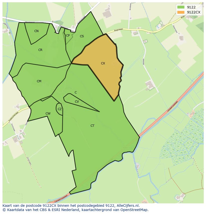 Afbeelding van het postcodegebied 9122 CX op de kaart.