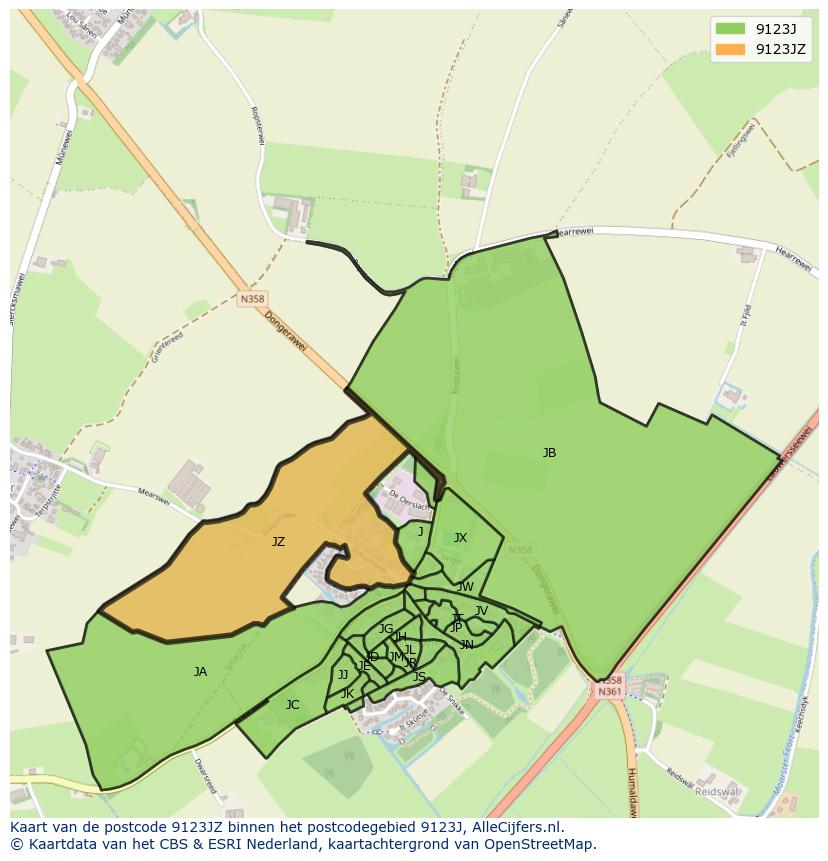 Afbeelding van het postcodegebied 9123 JZ op de kaart.