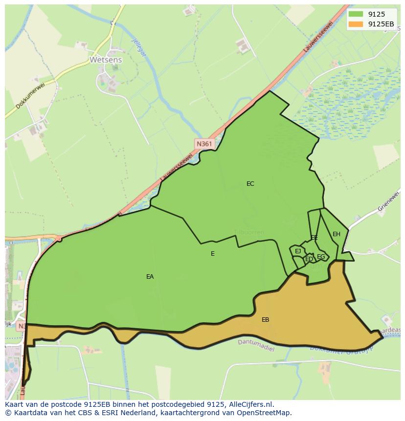 Afbeelding van het postcodegebied 9125 EB op de kaart.