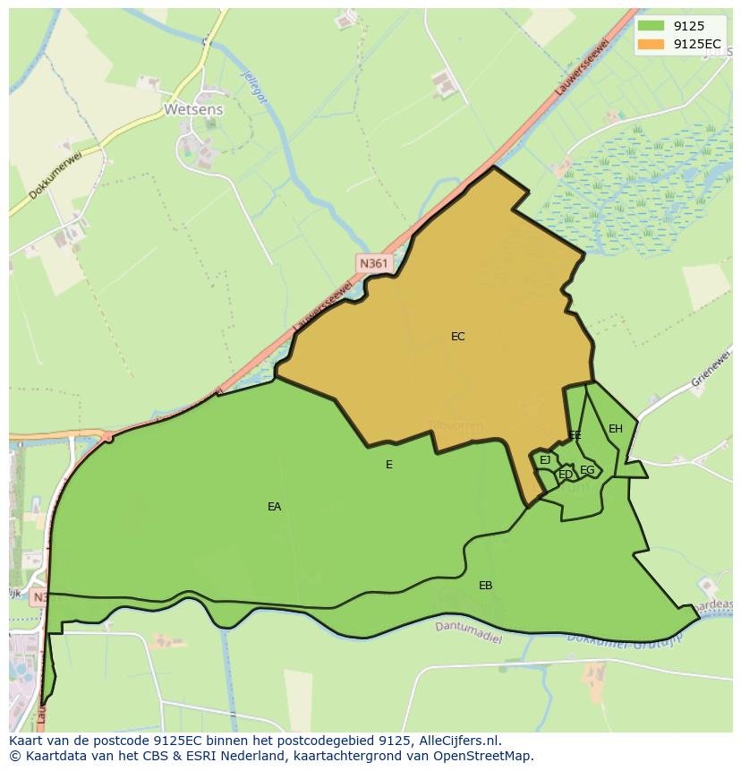 Afbeelding van het postcodegebied 9125 EC op de kaart.