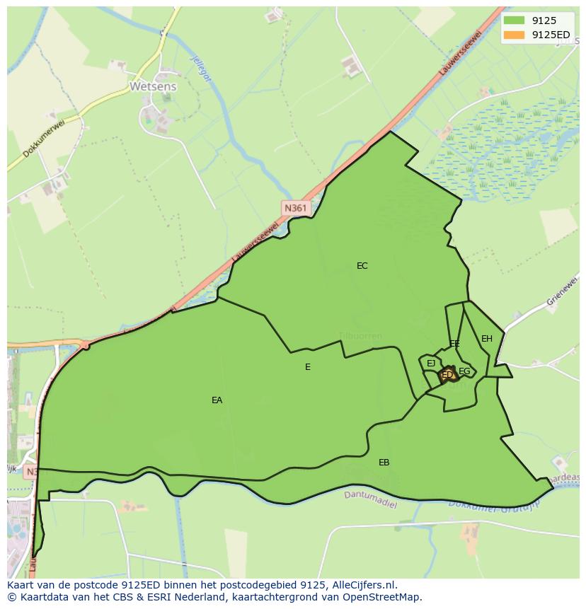 Afbeelding van het postcodegebied 9125 ED op de kaart.
