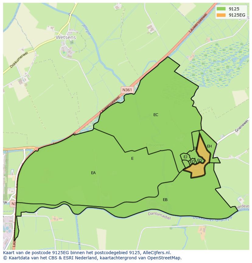 Afbeelding van het postcodegebied 9125 EG op de kaart.