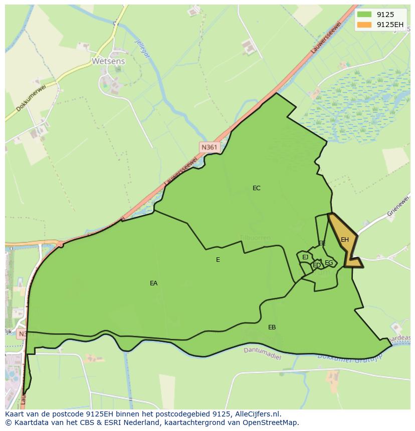 Afbeelding van het postcodegebied 9125 EH op de kaart.