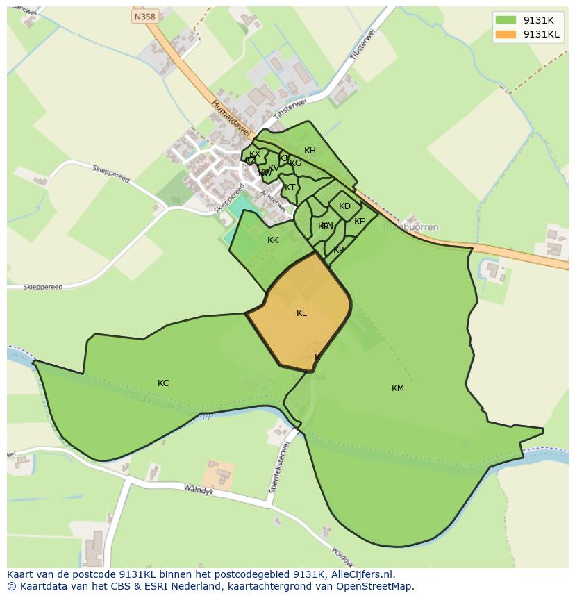 Afbeelding van het postcodegebied 9131 KL op de kaart.