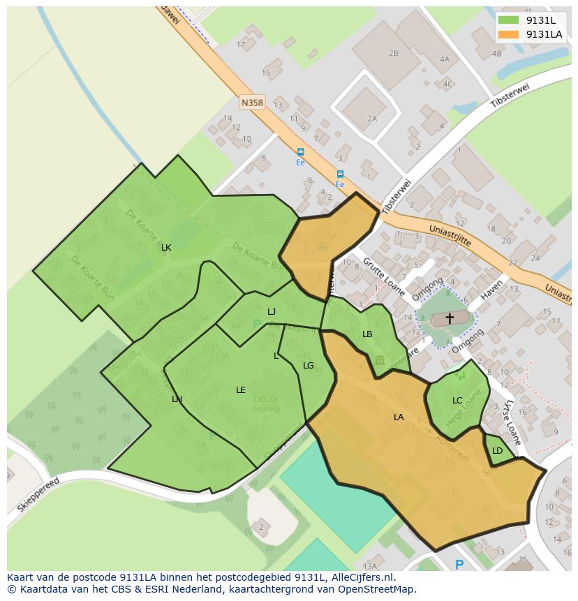 Afbeelding van het postcodegebied 9131 LA op de kaart.