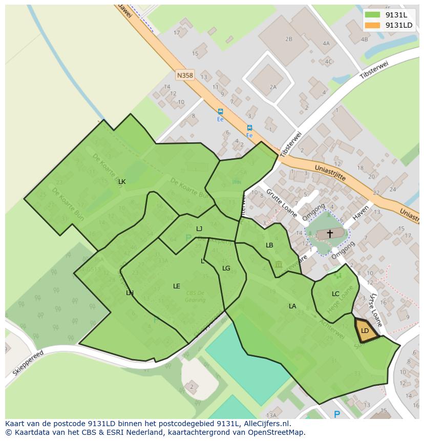 Afbeelding van het postcodegebied 9131 LD op de kaart.