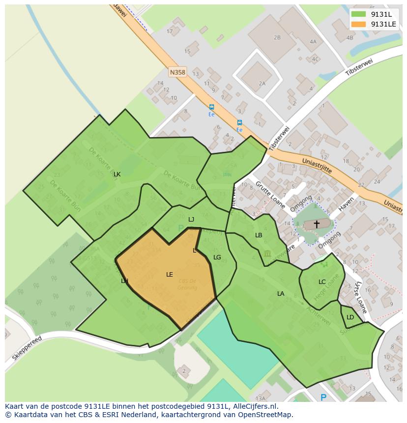 Afbeelding van het postcodegebied 9131 LE op de kaart.