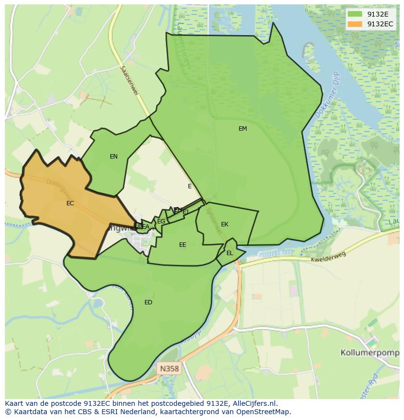 Afbeelding van het postcodegebied 9132 EC op de kaart.