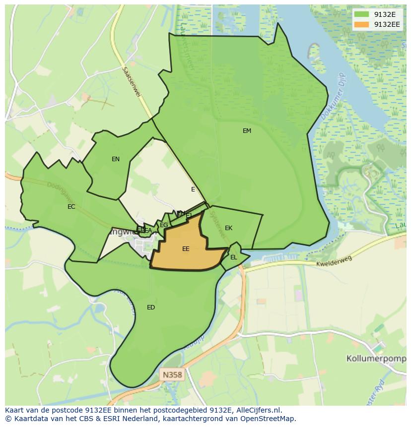 Afbeelding van het postcodegebied 9132 EE op de kaart.