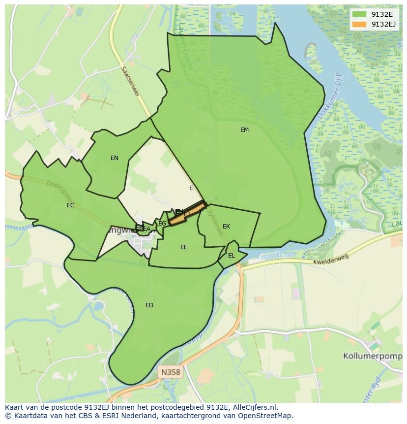 Afbeelding van het postcodegebied 9132 EJ op de kaart.