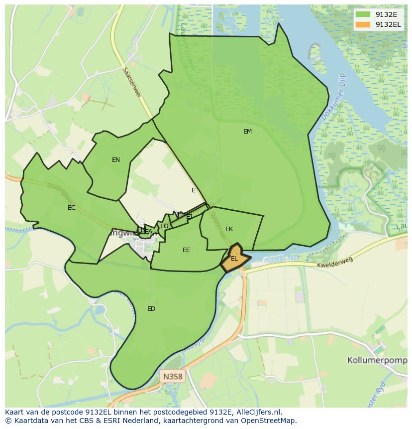 Afbeelding van het postcodegebied 9132 EL op de kaart.